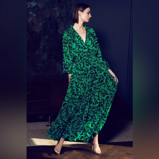 Misa Los Angeles Jocasta Maxi Dress Emerald Green Black Abstract Floral Womens S