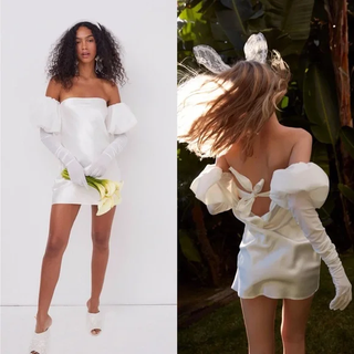 NWT For Love & Lemons Hazel Puff Sleeve Mini Dress with Gloves White Women's M