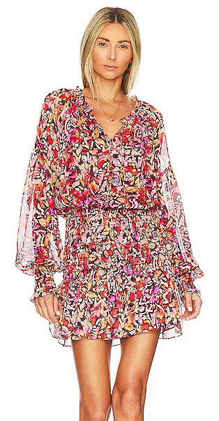 NWT Misa Los Angeles Celina V-Neck Blouson Mini Dress Red Fire Flora Women's S