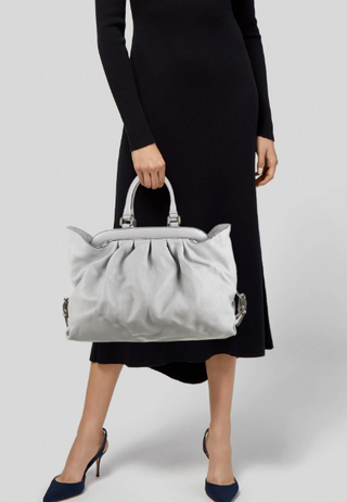 Vintage Fendi Leather Borsa Frame Large Doctor Tote Handbag Light Gray