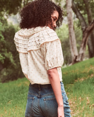 The Great  Sterling Floral Ruffled Collar Blouse Top Cream & Gold Womens 1 / S