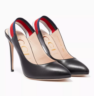 Gucci Sylvie Web Striped Leather Stilettos Slingback Pumps Black Women's EU 39.5