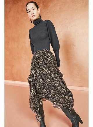 Ulla Johnson Torri Paisley Floral Asymmetric Swing Midi Skirt Forest Womens S