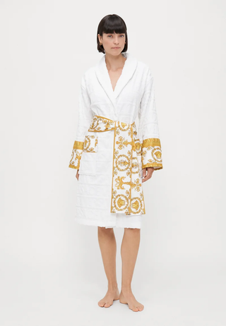 NWOT Versace I Heart Baroque Logo Jacquard Terry Bathrobe White/Gold Women's L