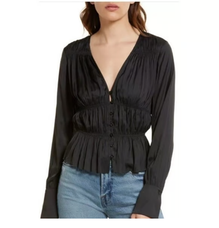 NWT Frame Long Sleeve V-Neck Button Front Shirred Blouse Top Black Women's XS