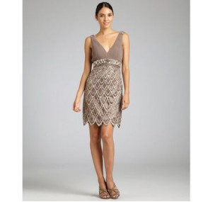 Sue Wong Nocturne Embellished Beaded Sleeveless Cocktail Mini Dress Brown Size 8