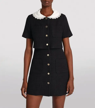 Sandro Faustine Short Sleeve Tweed Mini Dress w/ Peter Pan Collar Black/White M