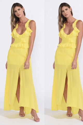 NWT Karina Grimaldi Luna Sleeveless Ruffle Trim Maxi Dress Yellow Women's XS