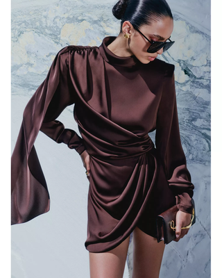 Ronny Kobo Bianca Satin Ruched Mini Dress Chocolate Brown Women's Size Large