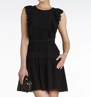 BCBGMaxazria Britt Sleeveless Round Neck Ruffle Trim Mini Dress Black Womens 0