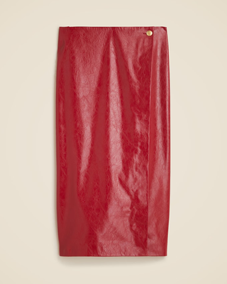 NWT J. Crew Faux Patent Leather Button Embellished Wrap Midi Skirt Red Womens 0