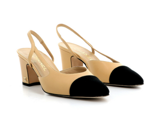 Chanel Colorblock Leather Block Heel Slingback Pump Sandals Cream/Black 36/US5.5