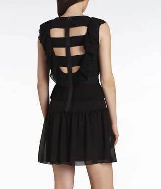 BCBGMaxazria Britt Sleeveless Round Neck Ruffle Trim Mini Dress Black Womens 0