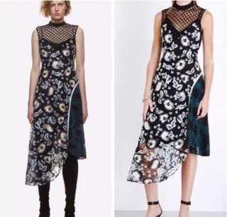 Self-Portrait Floral Sleeveless Asymmetric Lace Dress Black Green Women's Size 6