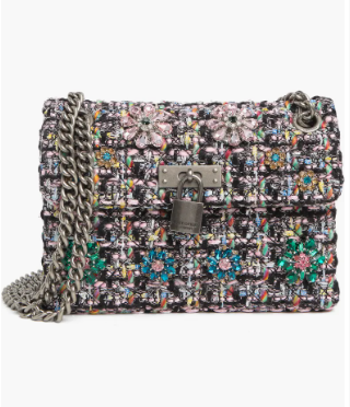 Kurt Geiger London Crystal Tweed Mini Brixton Lock Chain Strap Shoulder Bag Pink