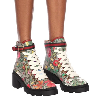 Gucci GG Supreme Monogram Flora Lace Up Combat Ankle Boots Beige Women's EU 39
