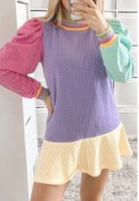 Queen of Sparkles Pastel Colorblock Puff Sleeve Sweater Dress Multi Women's XS