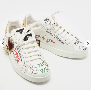 Dolce & Gabbana Leather Portofino Grafitti Low Top Sneakers White Womens EU 39.5