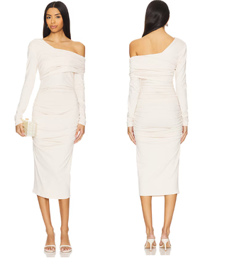 Susana Monaco One Off Shoulder Ruched Bodycon Midi Dress Blanched Almond Size XS
