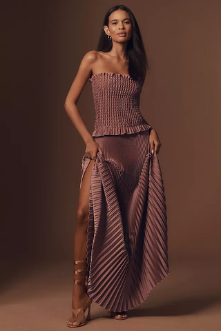 L'IDÉE Maya Satin Strapless Ruched Pleated Maxi Dress Suede Brown Womens Size 6
