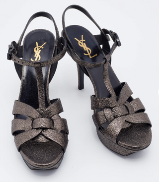 Yves Saint Laurent Tribute Leather Ankle Strap Platform Sandal Metallic Black 37