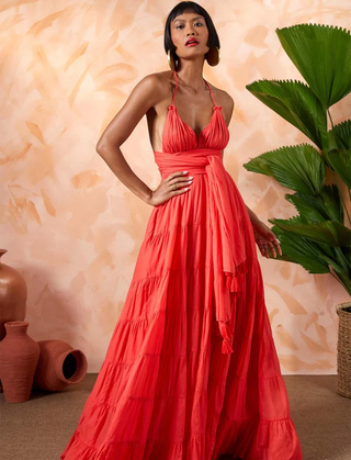 Lola Bohemian Halter Maxi Dress with Large Fringe Scarf Coral Red Women's Size S