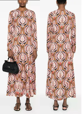 Farm Rio Pineapple Jewelry Long Sleeve Maxi Dress Pink Brown Women's Medium