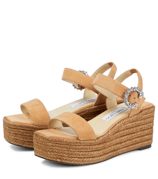 Jimmy Choo Mirabelle 70 Crystal Suede Espadrille Wedge Sandals Beige EU 37.5