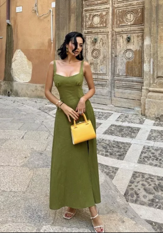 NWT Zara Linen Blend Sleeveless Side Slit A-Line Midi Dress Oil Green Women's XS