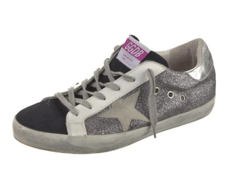 Golden Goose Super-Star Glitter Suede Sneakers Silver/Black Women's Size EU 37