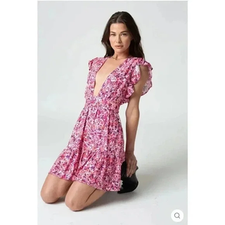Stillwater LA Jessie Floral Ruffle Trim V-Neck Mini Dress Pink/Purple Women's XS