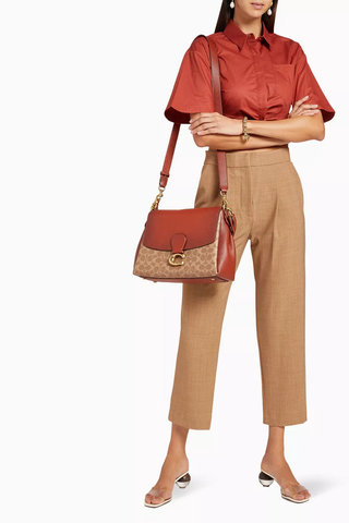 Coach Signature Coated Canvas May Small Flap Shoulder Handbag Tan Rust