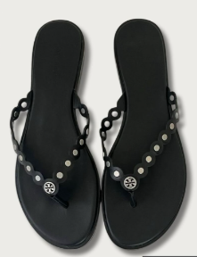 NWT Tory Burch Benton Scalloped Slip On Flat Thong Sandals Black Womens Size 9.5