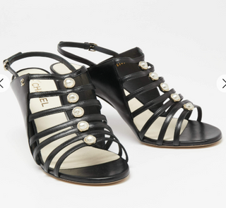 NWOT Chanel Leather Embellished Pearl Slingback Sandals Black Women's Size EU 41