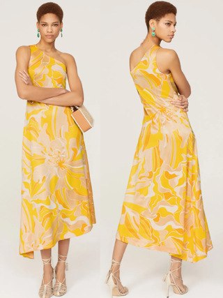 Alexis Lef Floral Asymmetric Neck One Shoulder A-Line Maxi Dress Yellow Size M