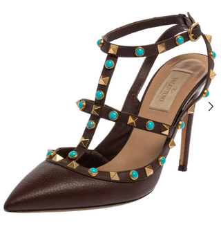 Valentino Rockstud & Turquise Stone Pointy Toe Ankle Strap Pumps Brown EU 37.5