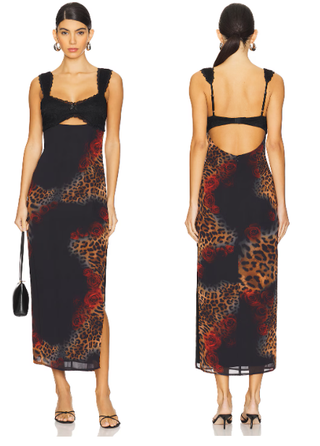Runaway the Label Dinah Sleeveless Cutout Midi Dress Black Leopard Womens Medium