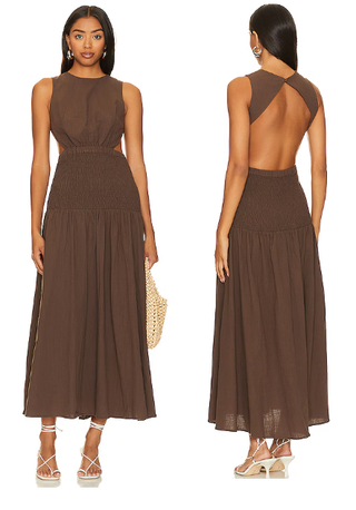 NWT SNDYS Lottie Sleeveless Smocked Cut-Out Maxi Dress Chocolate Women's Small