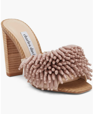 Charles David Hottie Fringe Beaded Slip On Stacked Heel Mules Nude Womens Size 8
