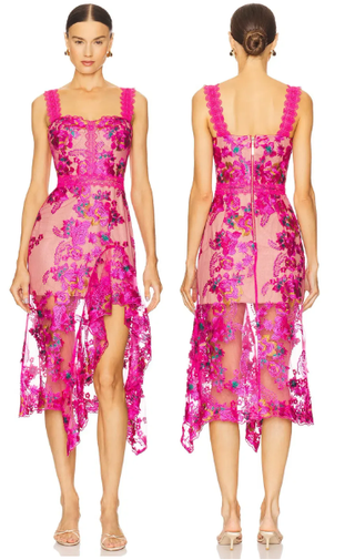 Bronx & Banco Eva Embroidered Floral Mesh Bodycon Midi Dress Fuchsia Pink M