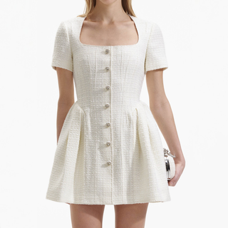 Self-Portrait Boucle Square-Neck Short-Sleeve Fit & Flare Mini Dress Cream US 4