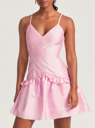 LoveShackFancy Fabienne Sleeveless Satin Ruffle Trim Mini Dress Pink Women's 2