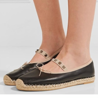 Valentino Garavani Leather Rockstud Espadrille Flats Shoes Black Women's EU 37