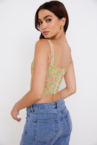 House of CB Poppy Vintage Floral Print Cropped Corset Top Yellow Women's Size XS