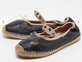 Valentino Garavani Leather Rockstud Espadrille Flats Shoes Black Women's EU 37