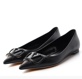 NWOT Valentino Nappa Leather Vlogo Pointy Toe Flat Shoes Black Womens Size EU 37
