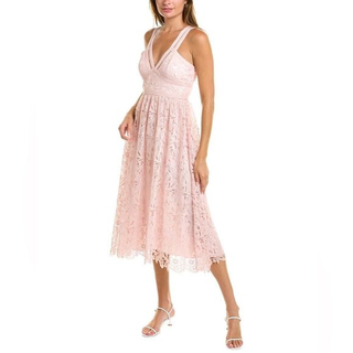 ML Monique Lhuillier V-Neck Lace Fit & Flare Midi Dress Pink Women's Size 4