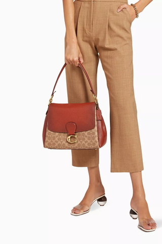 Coach Signature Coated Canvas May Small Flap Shoulder Handbag Tan Rust