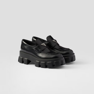 Prada Brushed Leather Monolith Chunky Lug Sole Penny Loafers Black Women's EU 37