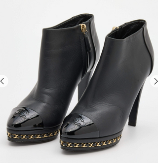 Chanel Leather Platform Ankle Booties with CC & Chain Detail Black Womens EU 37